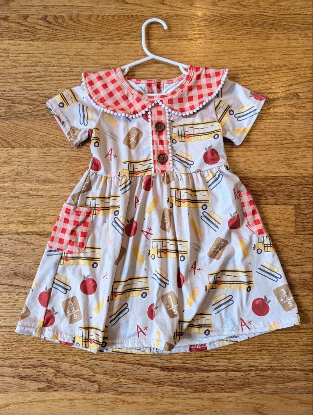 Girls' School-Themed Red & Cream Cotton Dress, Size S (Estimated)